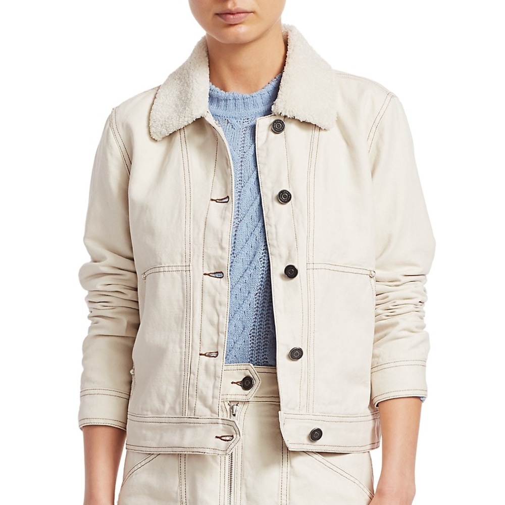 ❤️ Joie Lev Shearling Collar Denim Jacket Cotton Linen Aged White